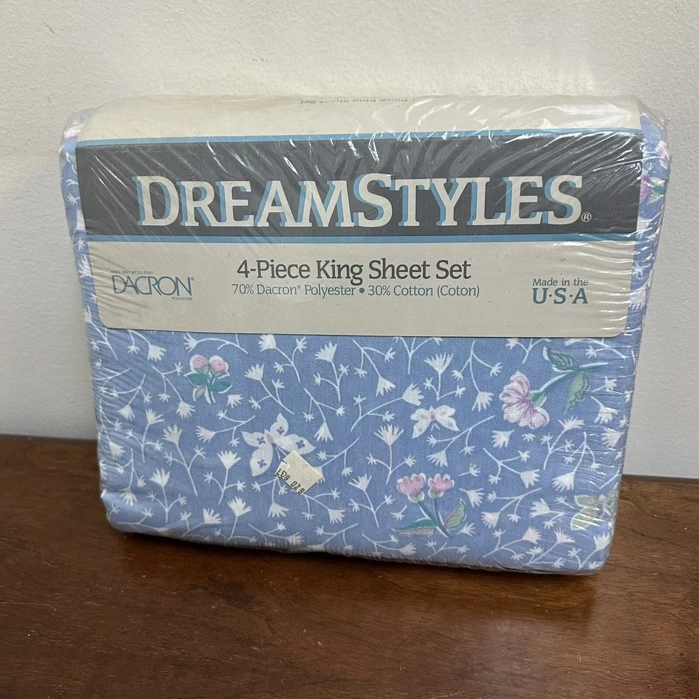 Vintage Dacron King Sheet Set Dainty Floral Butterfly Lace Made in USA NEW NOS